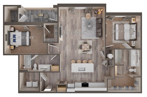 Floor plan for 2 beds, 2 baths, 1361 sqft